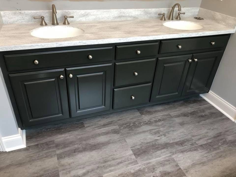 Bathroom vanity after dark cabinet refinishing